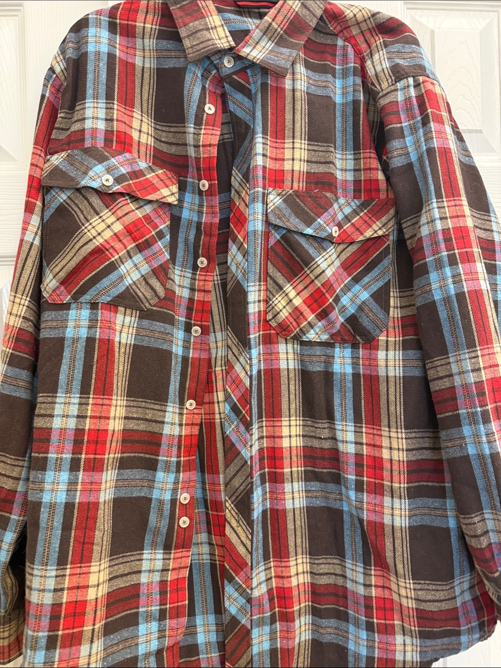 Classic Plaid Flannel Shirt - Red, Brown & Blue